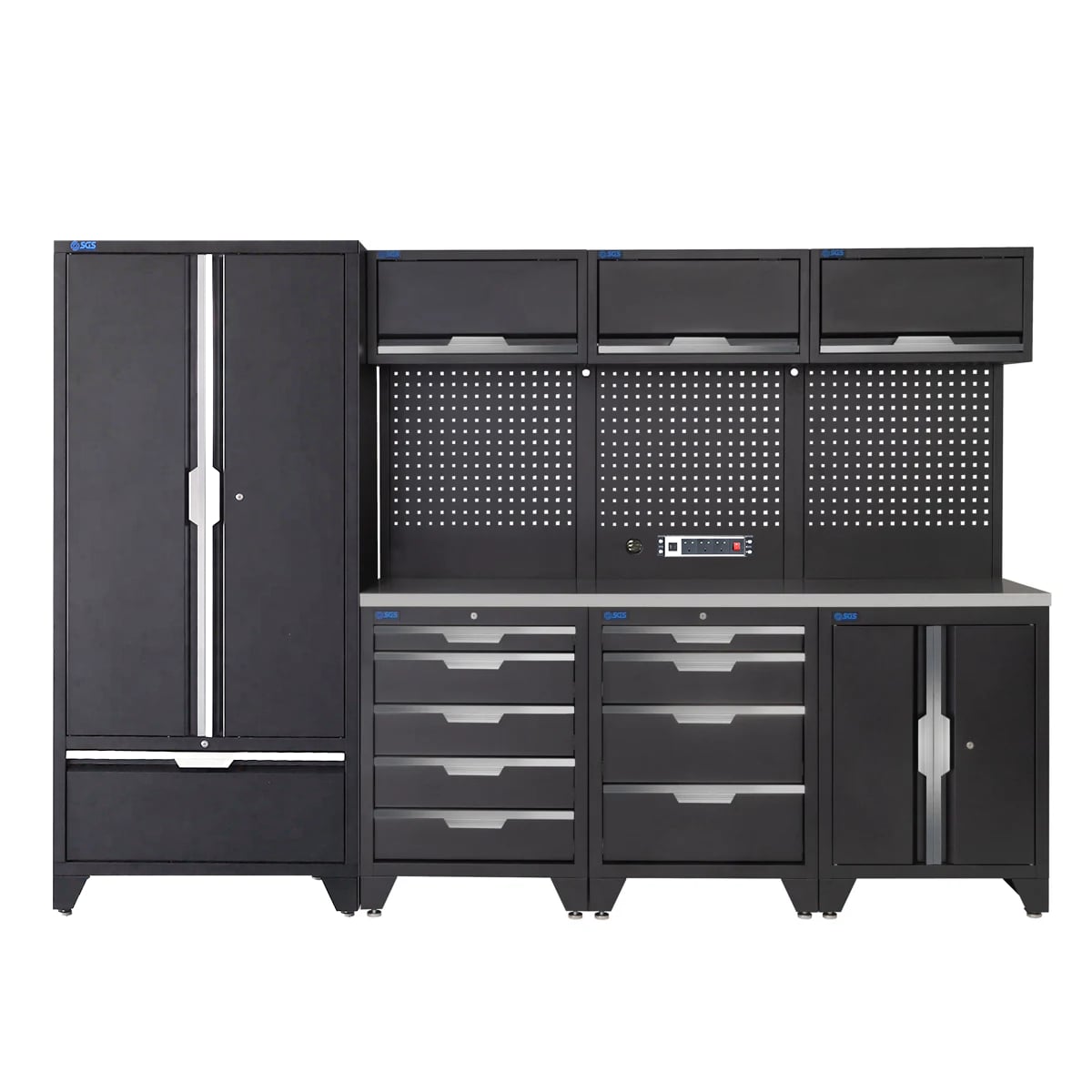 SGS 10pc Garage Storage System | 9 Drawers | Stainless Steel Worktop | Tall Double Cabinet with Drawer | Floor Cabinet | 3x Upper Cabinets | Pegboard with Power Strip